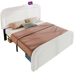 Merax Polsterbett mit USB Typ C Ladefunktion LED-Beleuchtung, Doppelbett 160x200cm, Höhenverstellbarem Kopfteil, Sherp-Weiß