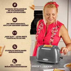 Proficook Toaster im stilvollen Vintage-Design - 2 Scheiben mit Wide-Slot (extra breite Toastschlitze) und massivem Metallgehäuse - Retro Toaster ... - Grau