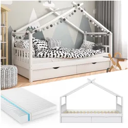 VitaliSpa Kinderbett Hausbett Kinderhaus Design Weiß 90x200 Schublade Matratze