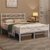Yaheetech Metallbett Bettgestell 140 x 200 cm, Bettrahmen mit Flügelmuster Kopfteil, Weiß - Weiß