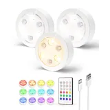 EZVALO RGB Unterschrank Puck Leuchten, 14 einstellbare Farben LED, 1200mAh wiederaufladbare Schrankleuchten,Fernbedienbar, Tap-Licht für Küche, Theke, Kleiderschrank (3 Stück)