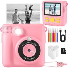 Sofortbildkamera Kinder,1080P 2.4 Zoll Bildschirm Digitalkamera Kinder mit 16x Digitalzoom, 32GB TF Karte,Druckpapier, Kinder Kamera Geschenk - Rosa