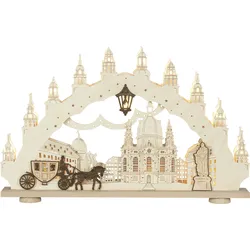 LED Schwibbogen WEIGLA "Dresdner Frauenkirche, Lichterbogen aus Holz, NATUR-BRAUN", beige (natur), B:66cm H:41cm T:6cm, Holzwerkstoff, Schwibbögen, Erzgebirge garantiert, Weihnachtsdeko Innen, Weihnachtsbeleuchtung
