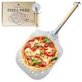 Buddy ́s Store Pizzaschieber perforiert, Pizzaheber, Pizzaschaufel aus Aluminium, Pizzaschaufel mit langem abnehmbaren Holzgriff 35,5x30,5cm; Gesamtlänge 62,8cm