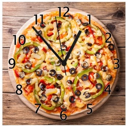 Wallario Wanduhr Italienische Pizza mit Peperoni, Oliven. Paprika und Käse (Glasuhr) gelb 30 cm x 30 cm