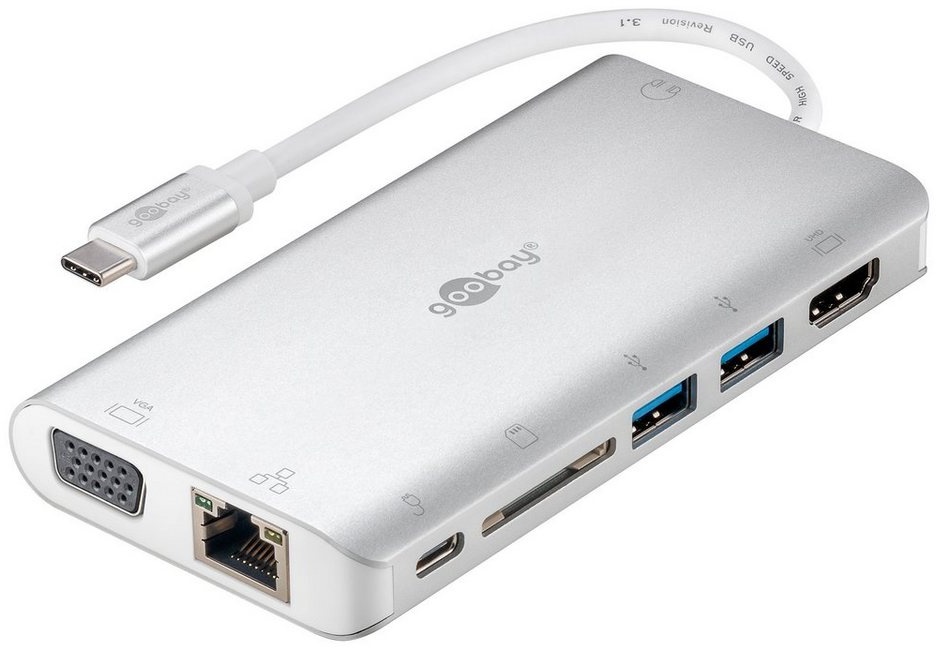 Goobay USB-Verteiler USB-C Multiport Adapter 9 Port Premium Aluminium Gehäuse (5 Gbit/s Übertragungsrate, 4K @ 30 Hz), HDMI / VGA / USB-C / USB 3.0 / SD Kartenleser / RJ45 / 3,5 mm Audio silberfarben