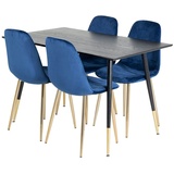 ebuy24 Dipp120x85BLBR Essgruppe Esstisch schwarz und 4 Polar Esszimmerstühle Velour blau, Messing dekor.