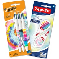 BIC 4 Colours 4 Farben Kugelschreiber und Tipp-Ex Korrekturroller Schreibwaren Set, in Tie Dye Batik Optik, 3 Stifte und 2 Korrekturmäuse