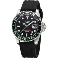 Elysee Herrenuhr GMT PRO 40 mm Edelstahl 20 ATM Saphirglas Herren zweite Zeitzone, Verschraubte Krone, Leuchtzeiger, Datumsanzeige schwarz silikon