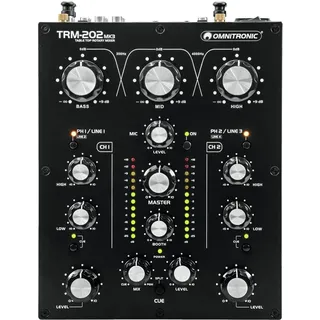 OMNITRONIC TRM-202 MK3 2-Kanal Rotary-Mixer mit 3-Band-Frequenzisolator | Gainregler, 2-Band-Equalizer und Phono/Line-Umschaltung | Effektive Boost- und Kill-Funktion | Blue Velvet RK27 Potentiometer