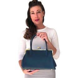 Taschenkinder Henkeltasche Handtasche „Marie“, Damentasche, Schultertasche, Vintage Stil, Retro, Echt Leder, Vintage Stil, Retro Bügeltasche, Clipverschluss blau