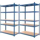 ECD Germany 2er Set Werkstattregal Schwerlastregal 200x100x60 cm Blau pulverbeschichter Metall mit 5 Böden MDF Holz belastbar bis 875kg Lagerregal Steckregal Metallregal