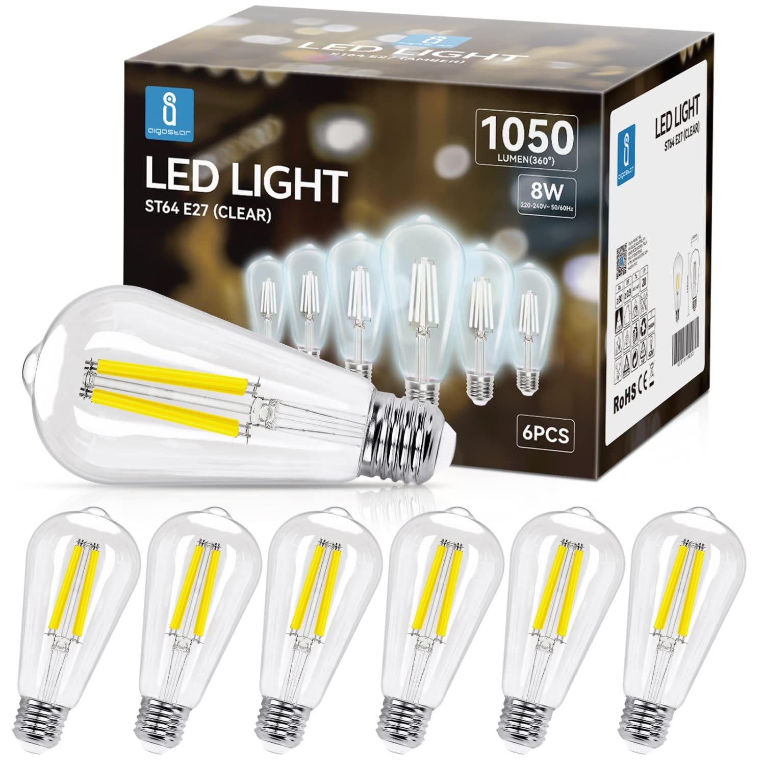 Aigostar E27 Filament LED Lampe 8 W (Ersetzt 75W),Kaltweiß 6500K,1050 Lumen,ST64 Leuchtmittel,Nicht dimmbar,6 Stück