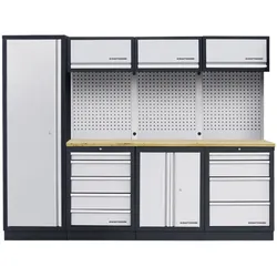 Kraftwerk 4-Element-Schrankwand mit Vierkantlochwand Länge 2640 mm Multiplex-Arbeitsplatte