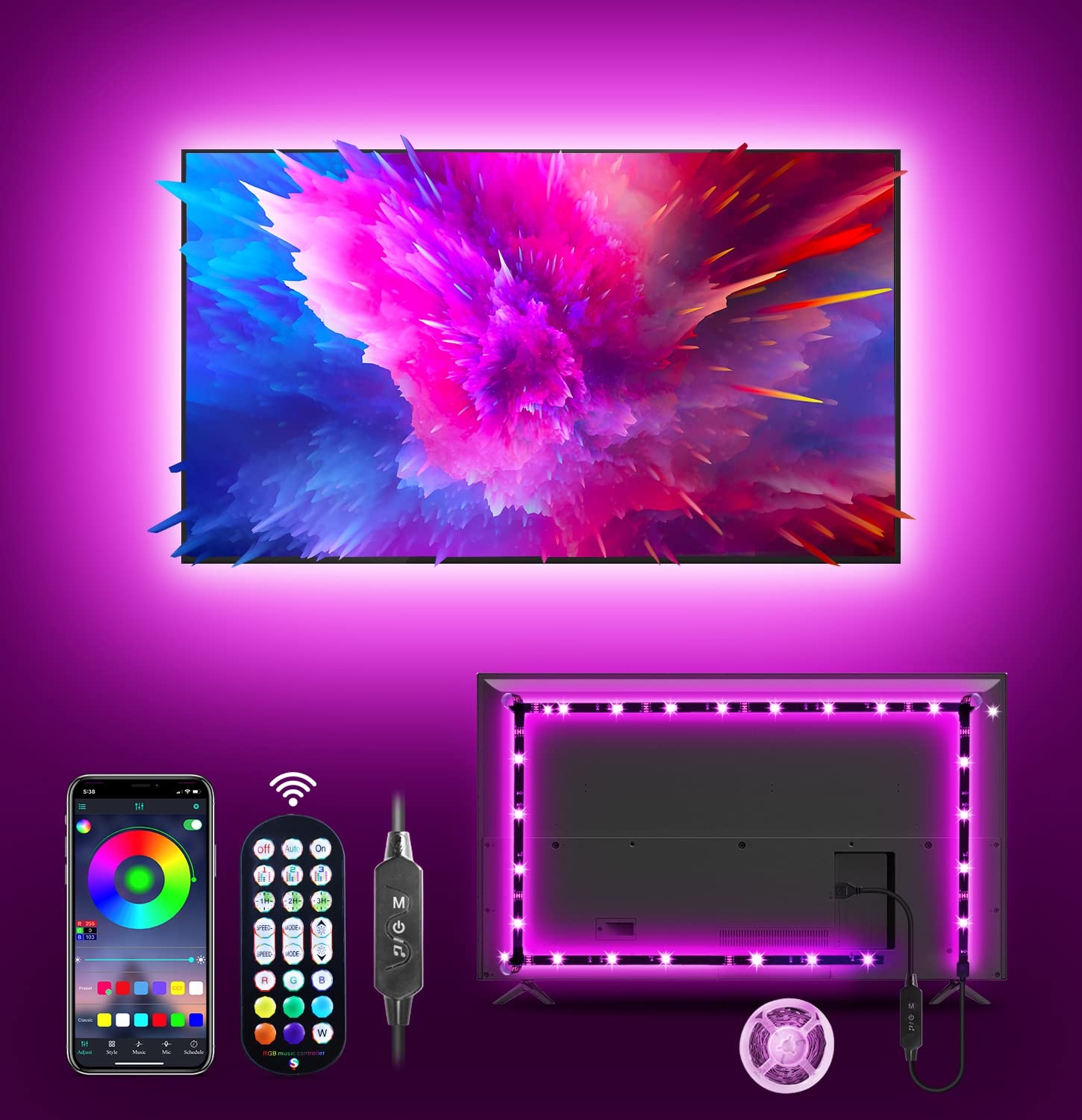 MATICOD TV LED Lichter für TV, 4M RGB LED TV Hintergrundbeleuchtungen TV Lichter, die mit TV synchronisieren, USB LED TV Lichter LED Streifen Lichter mit Bluetooth Smart App Fernbedienung