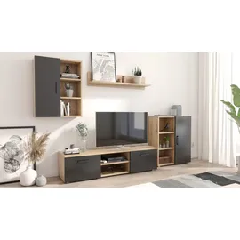 matkam Wohnwand, Schwarz, Eiche Artisan, Holzwerkstoff, 140x35x40 cm, Wohnzimmer, Wohnwände, Wohnwand-Sets