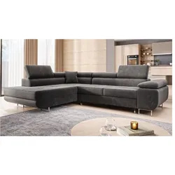 M-Punk Wohnlandschaft Ecksofa MIAMI Samt Grau mit Bett Bettkasten Kopfteilverstellung Bett Sofa Schlafsofa Ottomane links