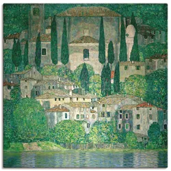 Artland Leinwandbild »Kirche in Cassone (Landschaft mit Zypres«, Europa, (1 St.), auf Keilrahmen gespannt Artland Farbe Bild(er): grün