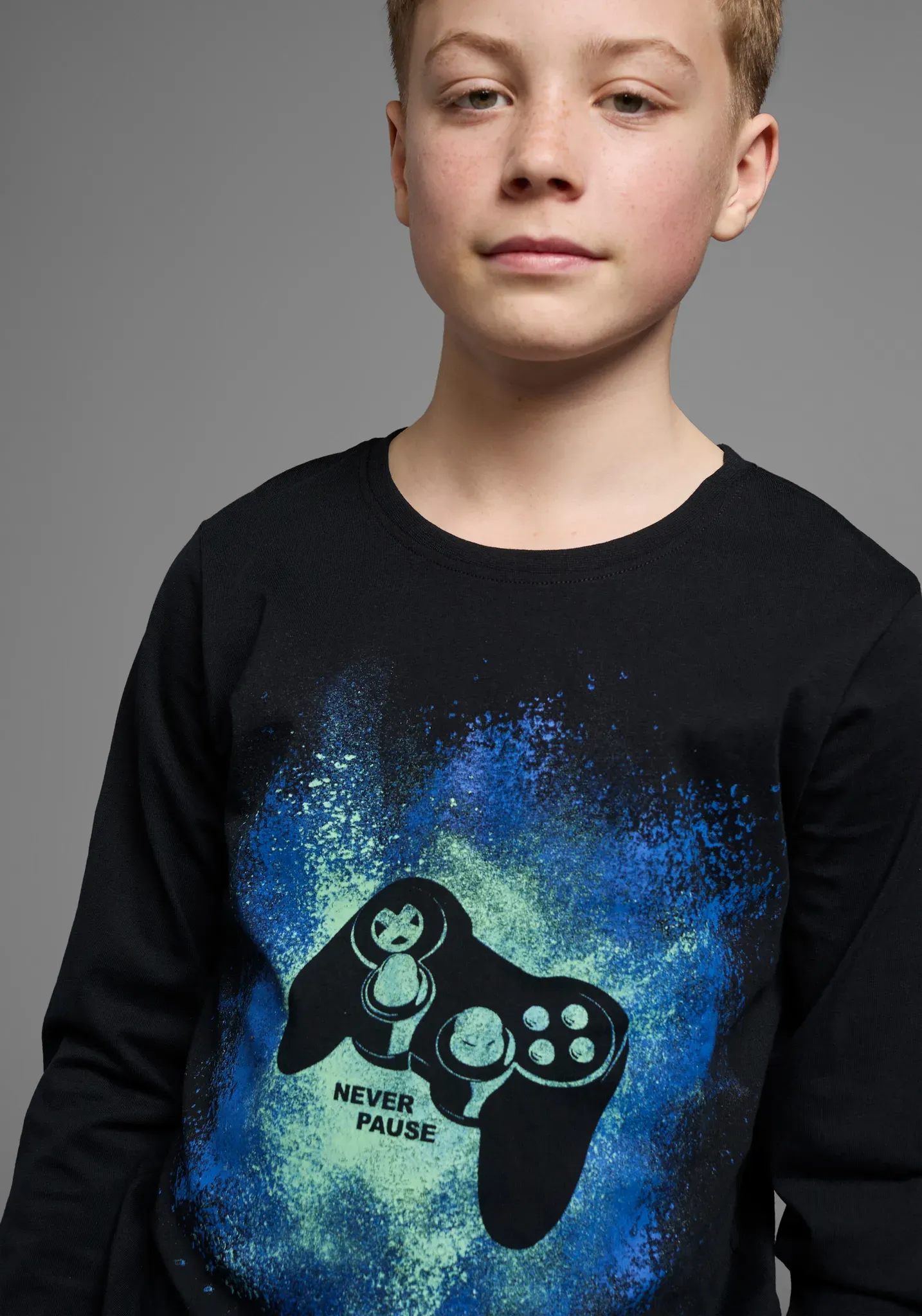 Langarmshirt KIDSWORLD "GAMER", Jungen, Gr. 140/146, schwarz, Jersey, Obermaterial: 100% Baumwolle, bedruckt, Basic, Basic, Rundhals, Shirts Langarmshirt, Gamer-Shirt Langarm, Basic-Passform, mit trendigem Aufdruck