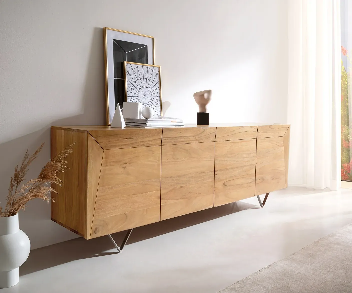DELIFE Buffet Kayu 200x40x70 cm acacia naturel 4 portes pied en V, Buffets