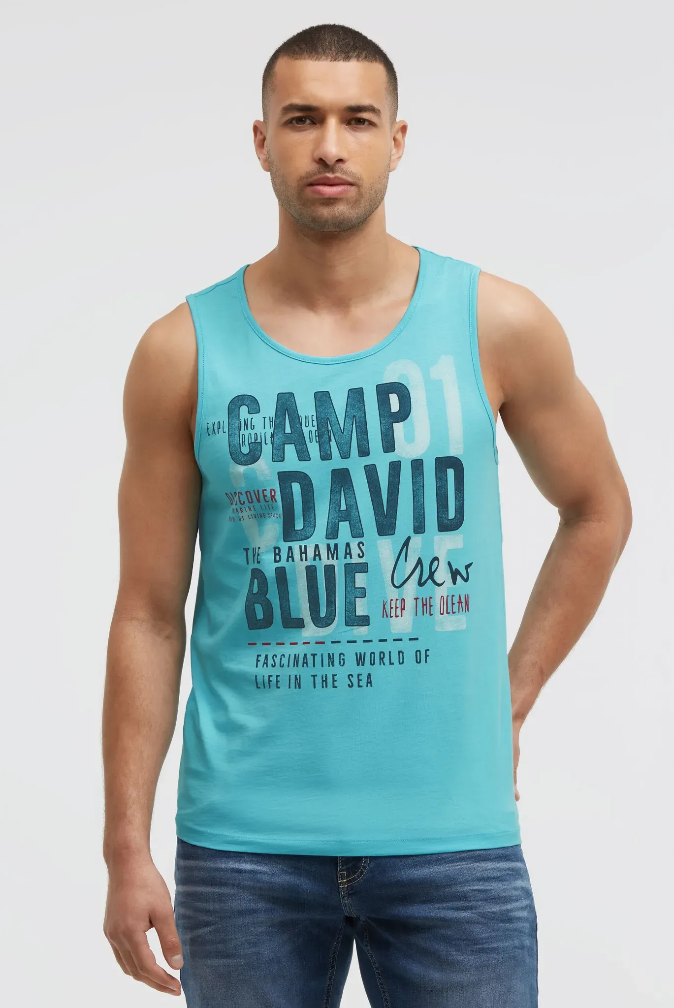 Tanktop CAMP DAVID, Herren, Gr. S, aqua, Material: 100% Baumwolle, bedruckt, regular fit normal, Rundhals, Tops Tanktop, aus Baumwolle