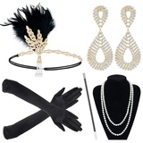 Sinoeem 1920s Kostüm Damen Flapper Accessoires Set 20er Jahre Halloween Kostümzubehör Inklusive Stirnband Halskette Handschuhe Ohrringe Gatsby Handheld-Requisiten Set (Set-1)