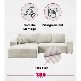 bromarkt Ecksofa PABLO Schlaffunktion Bettkasten L-Form 294x185x85cm Weiß Links - Weiß