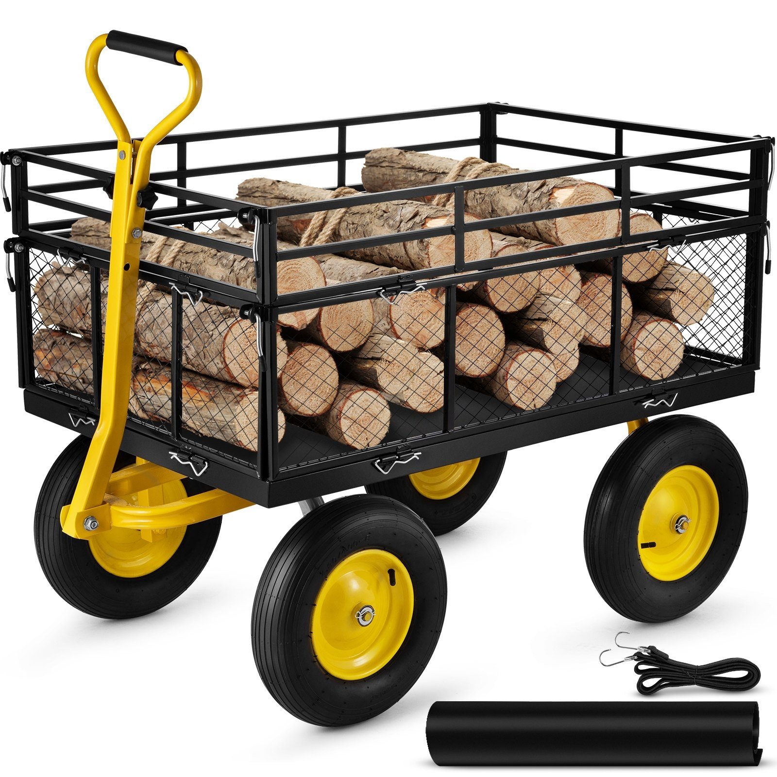 VEVOR Gartenwage 635kg belastbar Transportwagen 112x75x42,5cm Gartenwagen 82cm Grifflänge Gerätewagen 4x 38cm Räder Handwagen 2m Seil Strandwagen