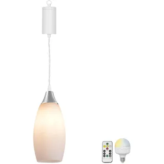 FSLiving Dimmbare Hängelampe mit Batterie Innen,1 Packung Glas Hängeleuchte Batteriebetriebene Lampe, Pendelleuchte ohne Strom Stromanschluss für Küche Nachttischcafé,TB3232-E