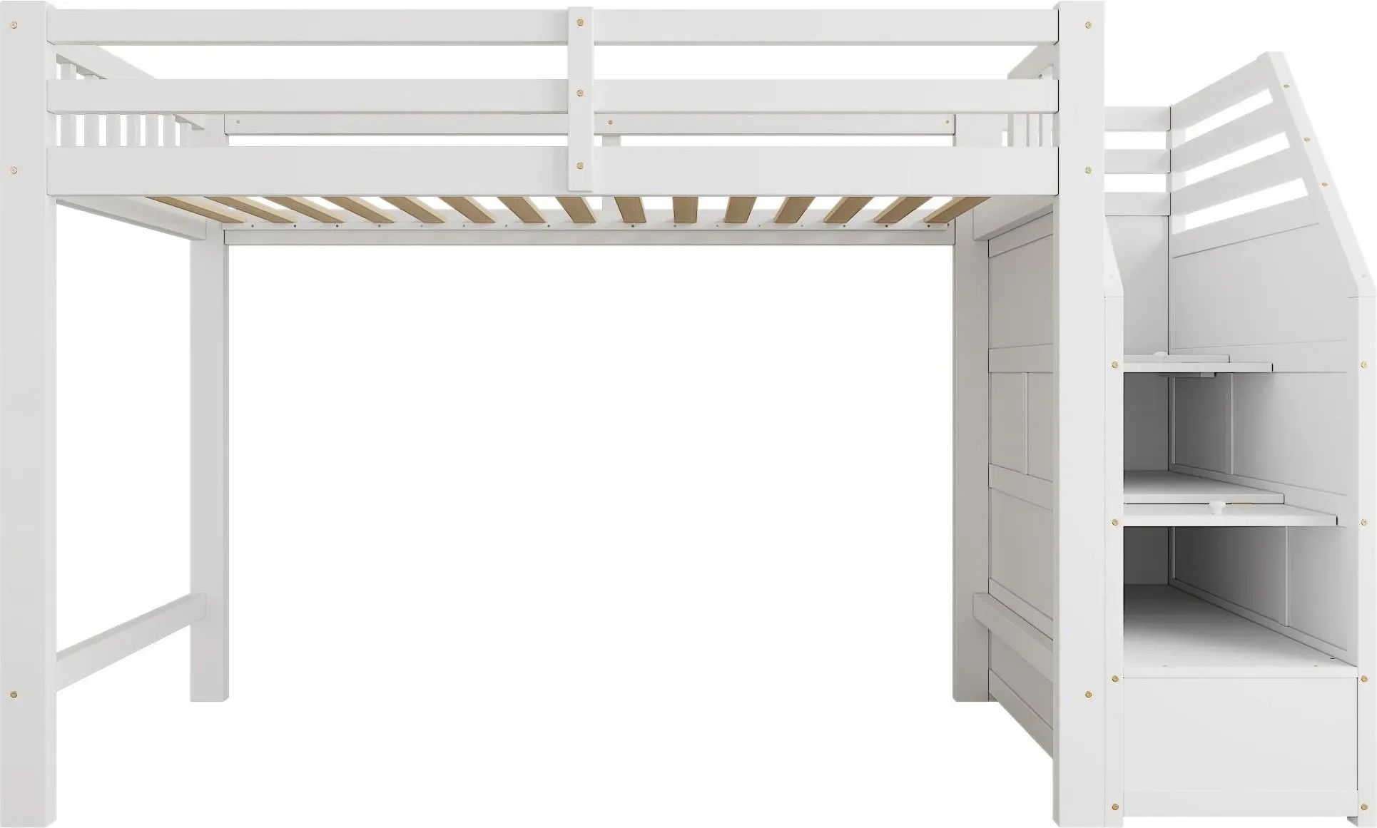 Hochbett 90x200cm mit Lattenrost, Rundum-Schutzgeländer mit integriertem Stauraum, ohne Matratze, 256x98,5x147 cm, Weiß
