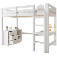 SOFTWEARY Hochbett mit Schreibtisch und Schubladenschrank (90x200 cm, mit Schreibtisch, Schubladen, Regal, Rausfallschutz und Leiter) Kinderbett, Jugendbett, Holzbett