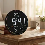 Moderne LED Wanduhr & Tischuhr digital: rundumlaufende Sekunden, 2 Alarme, Snooze, Datum, Temperatur, Netz- & Batteriebetrieb - Ø25,5 cm, schwarz