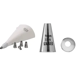 Kaiser La Forme Plus Spritzbeutel Set 7-teilig, wiederverwendbarer Spritzbeutel groß mit Tüllen, Adapter, 5 Spritztüllen, Kochfest & 9 mm, Spritztülle, Edelstahl rostfrei, falz- und randfrei