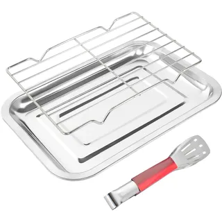 delaesi Backblech mit Abkühlgitter Edelstahl Backbleche Klein Ofenblech mit Küchenzange Oven Tray Edelstahl Backblech Set für Backen Braten Servieren (27 x 20 x 2 cm)
