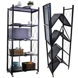 STREND PRO Klappbares Regal mit Rollen, 5 Etagen Faltbare Aufbewahrungswagen Einheit, Rädern 250 kg Tragfähigkeit, Lagerregal, Metallregal Schwarz, Klappregal für die Küche, Büro