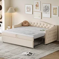 Merax Schlafcouch Ausziehbar 90 x 200 cm, Klappsofa mit USB-Anschluss, Couch Bett 2 Sitzer mit Schlaffunktion, Leinenstoff, Beige (Ohne Matratze)