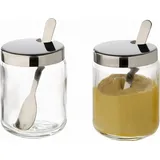 APS Senftöpfchen, 2er Set Senfgläser, Transparentes Senfglas inkl. Löffel und Edelstahl-Deckel, 4,8 x 4,8 cm, H: 6 cm