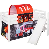 Spielbett JELLE 90 x 200 cm Feuerwehr - Hochbett LILOKIDS - Weiß - mit schräger Rutsche und Vorhang - Weiß/Rot/Schwarz