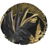Duschhaube,Gold Schwarz Tropische Natur Doppelte wasserdichte Badehaube,Elastische wiederverwendbare Duschhaube,Badehauben Nachthaube