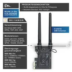 CSL WLAN Netzwerkkarte 2,4 Ghz PCIe - 300 Mbit s WiFi Adapter Karte - 2 Externe 2dbi Antennen