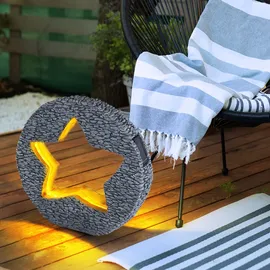 GLOBO Solarleuchte Gartendeko für Außen Tischdeko Solarleuchte goldfarben Stein-Stern Optik, grau rund, LED warmweiß, LxH 31x29,5 cm, 2er Set