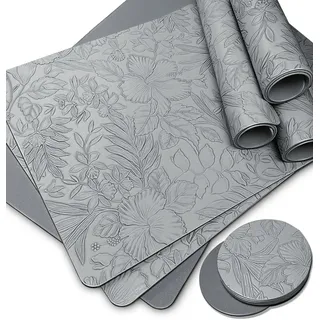 Tischuntersetzer Set, Tisch Set Abwaschbar, Vinyl Platzsets Grau Gemustert Blatt,Platzdeckchen Abwaschbar rutschfest, Tischsets und Untersetzer 6er mit Muster,Tischsets Kunststoff für Garten-Outdoor