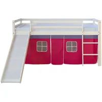 Homestyle4u 540, Kinderbett 90x200 cm Weiß Kinder Hochbett mit Rutsche Vorhang Pink Bettgestell Holz Kiefer Kinderzimmer