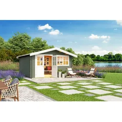 Mr. GARDENER Gartenhaus »Isar«, (BxT): 380x380 cm (Aufstellmaß), 34 mm Wandstärke,  grüngrau/weiss - gruen