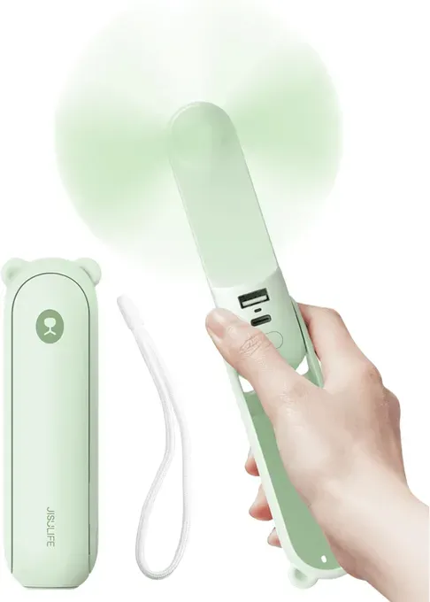 JISULIFE Mini-Handventilator F8X, 4500 mAh Powerbank [max. 37 Std. Laufzeit], Taschentauglich, 3 Geschwindigkeitsstufen, Geschenk für Damen, Herren und Kinder, Grün