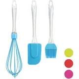 Relaxdays Backpinsel Set, 3-teiliges Backset mit Kochpinsel, Teigschaber & Schneebesen, Backzubehör aus Silikon, blau