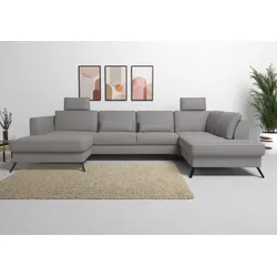 Wohnlandschaft SIT & MORE "Olsen U-Form", grau, B:335cm H:88cm T:201cm, 100% Polyester, Sofas, inklusive Sitztiefenverstellung, wahlweise mit Bettfunktion, 15cm hoch