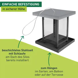 WINDHAGER Vogelfuttersilo View, Vogelfuttersilo, Vogelhaus, Futterspender für Vögel, modernes Vogelhäuschen, 16 x 16 x 17,5 cm, 07015, Schwarz/Silber