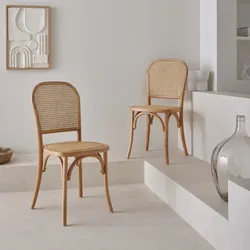 2er-Set naturfarbene Vintage-Holzstühle mit Sitzfläche und Rückenlehne aus Rattan - Montparnasse