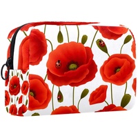 Kosmetiktasche,tragbare Reise-Make-up-Tasche für Damen,rotes Blumenmuster aus Mohnblumen,Kosmetikkoffer-Organizer mit Reißverschluss